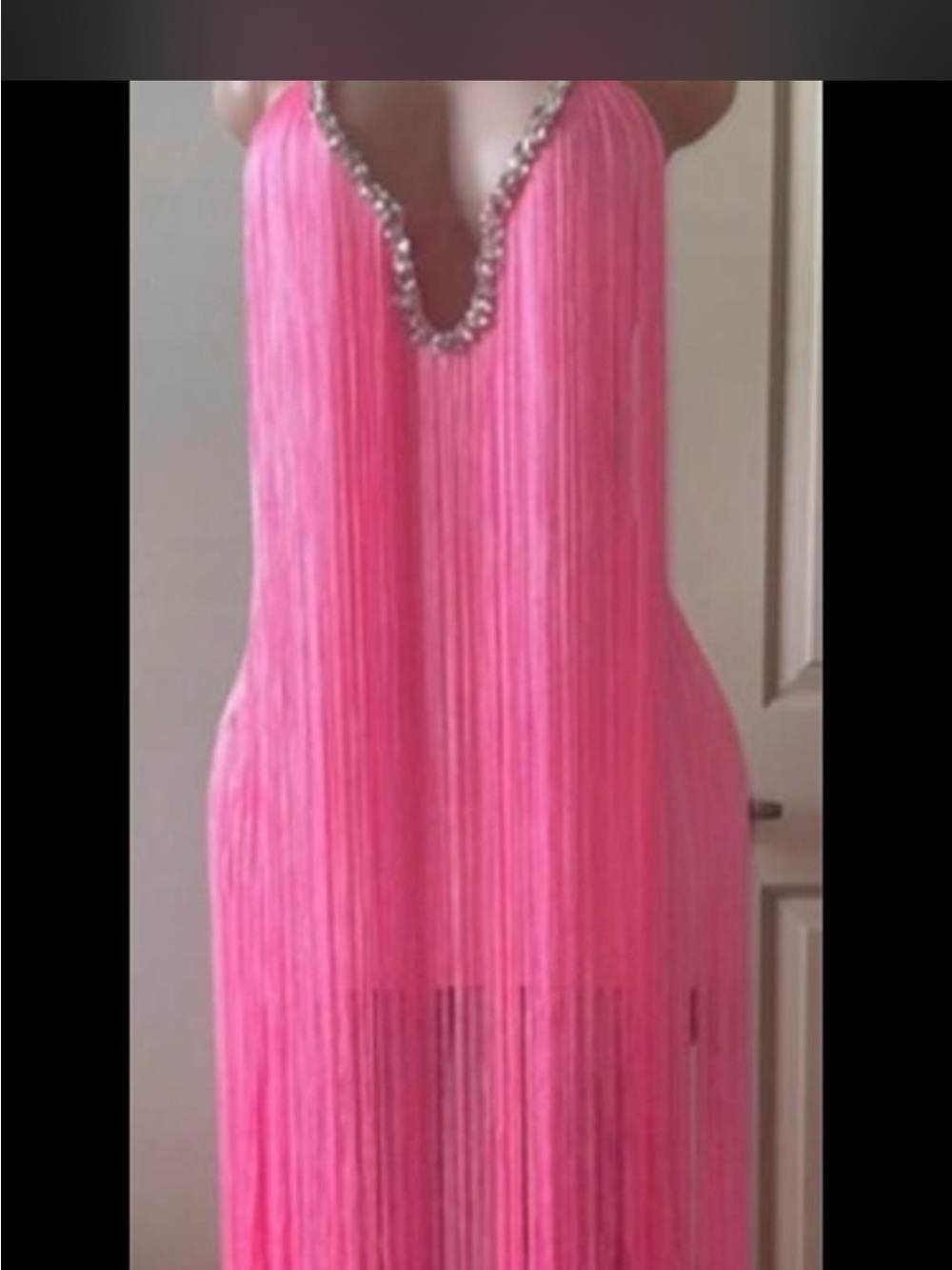 The Zusscollection Pink Fringe Evening Dress with Beaded V-Neck